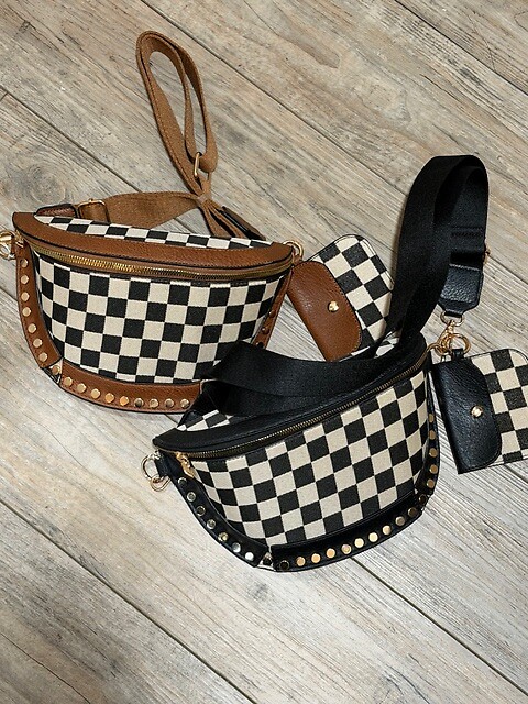 Brown Checkered Crossbody Sling Purse
